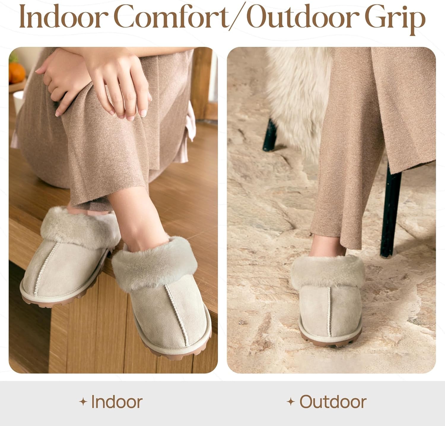 Genuine Australian Sheepskin Women Slippers, Water-Resistant Warm and Fluffy Outdoor House Slippers for Women